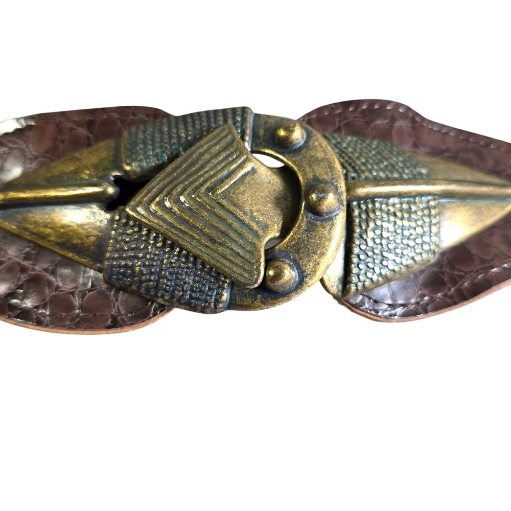 Vintage Wide Elastic Cinch Belt Tan Brown Arrow Brass Sculptural Buckle 31in - Picture 3 of 9
